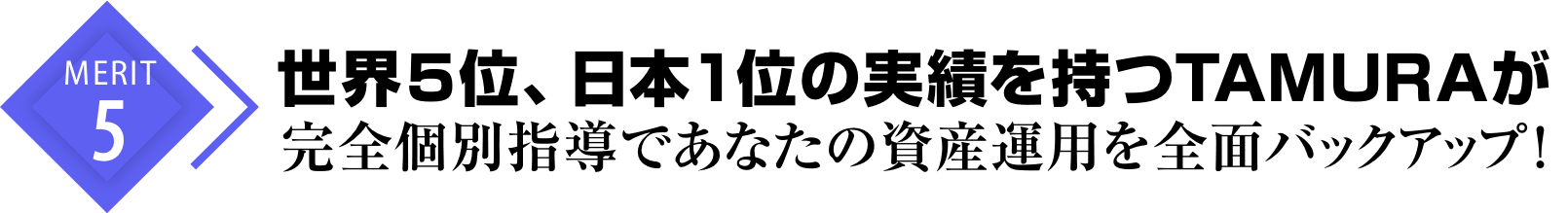 メリット.5世界5位、日本1位の実績を持つTAMURAが、完全個別指導であなたの資産運用を全面バックアップ！